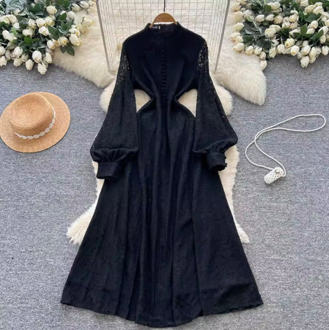 Courtly Single-breasted Lace Dress