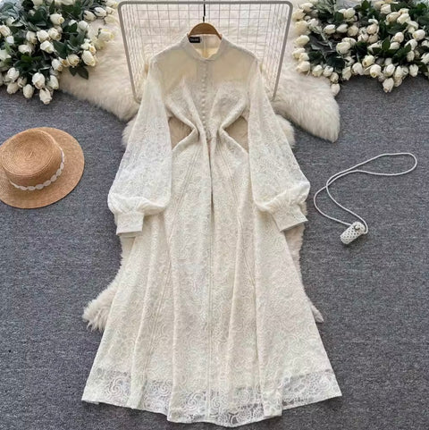 Courtly Single-breasted Lace Dress