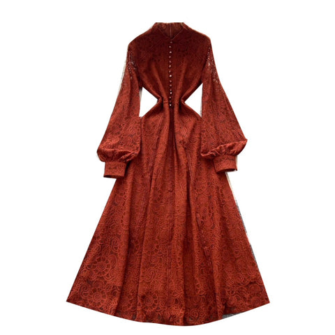 Courtly Single-breasted Lace Dress