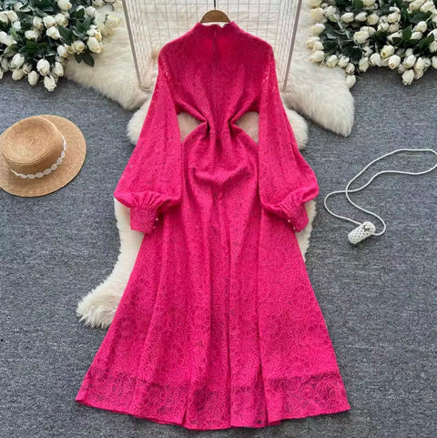 Courtly Single-breasted Lace Dress