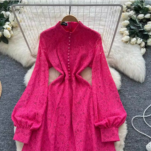 Courtly Single-breasted Lace Dress