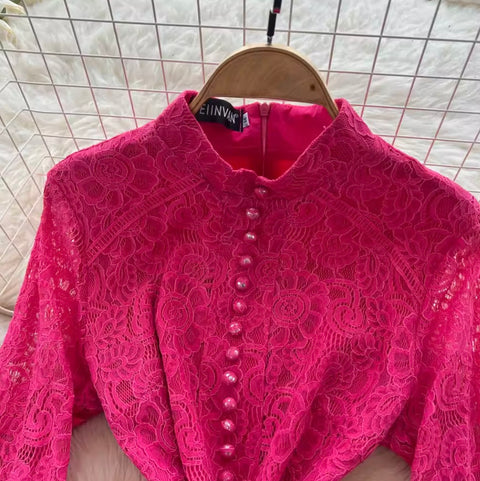 Courtly Single-breasted Lace Dress