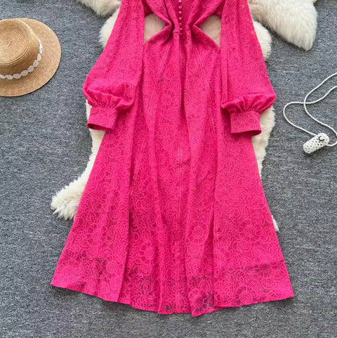 Courtly Single-breasted Lace Dress