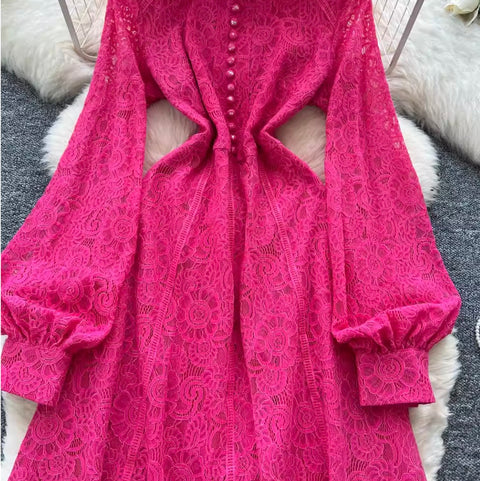 Courtly Single-breasted Lace Dress