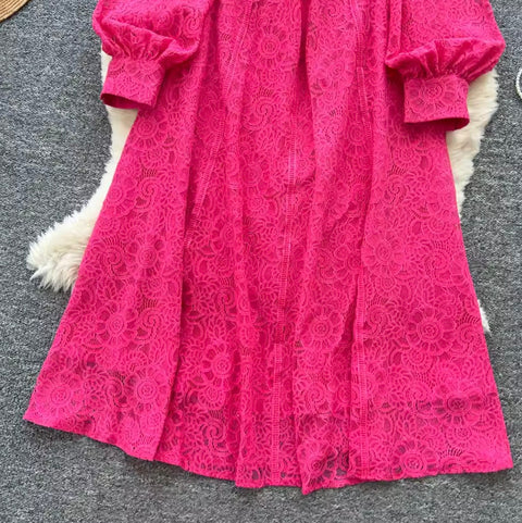 Courtly Single-breasted Lace Dress