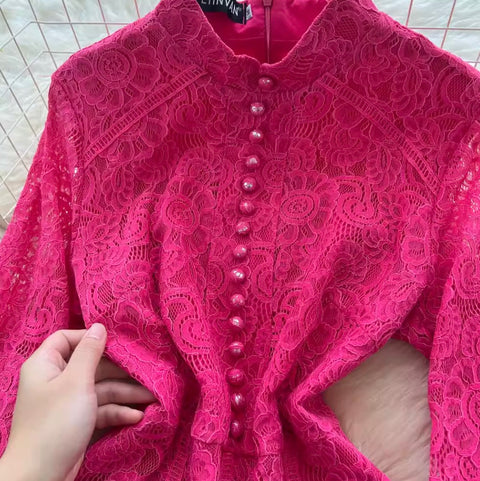 Courtly Single-breasted Lace Dress