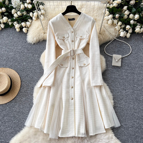 V-neck Mesh Patchwork Elegant Dress