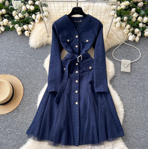 V-neck Mesh Patchwork Elegant Dress