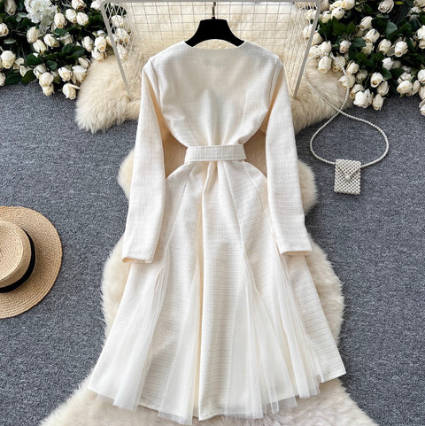 V-neck Mesh Patchwork Elegant Dress