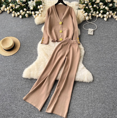 Loose-fit Cardigan & Trousers Knitted 2Pcs