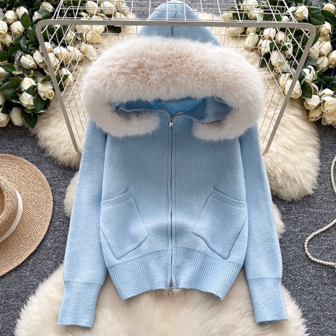 Furry Hooded Patchwork Cardigan