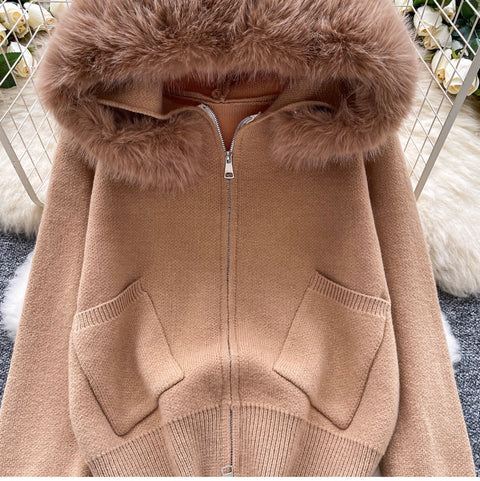 Furry Hooded Patchwork Cardigan