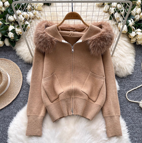 Furry Hooded Patchwork Cardigan