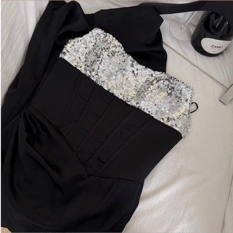 Sequined Off-shoulder Black Dress