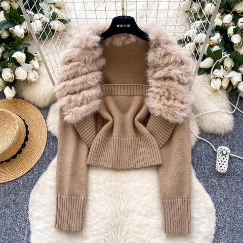 Furry Cardigan & Camisole Knit 2Pcs