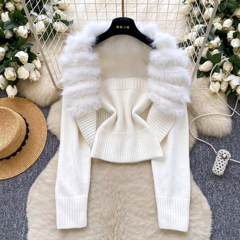 Furry Cardigan & Camisole Knit 2Pcs