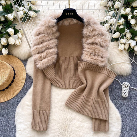 Furry Cardigan & Camisole Knit 2Pcs