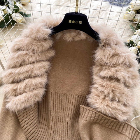 Furry Cardigan & Camisole Knit 2Pcs