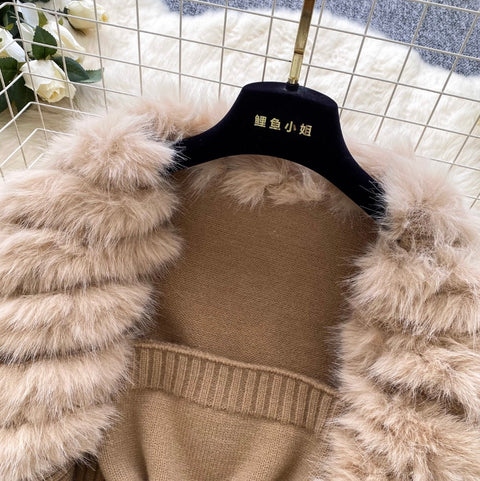 Furry Cardigan & Camisole Knit 2Pcs