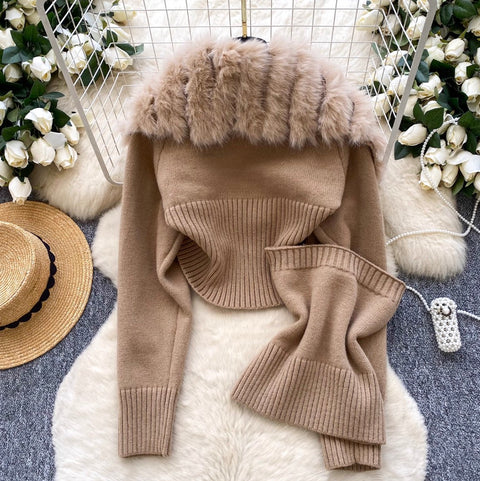 Furry Cardigan & Camisole Knit 2Pcs