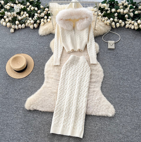 Furry Cardigan & Skirt Twist-knit 2Pcs