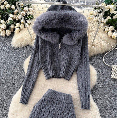 Furry Cardigan & Skirt Twist-knit 2Pcs