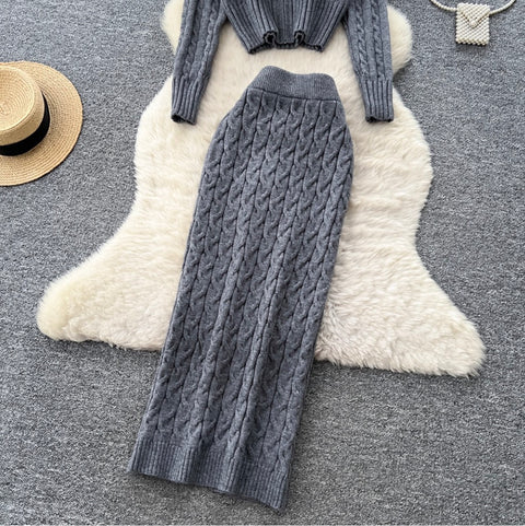 Furry Cardigan & Skirt Twist-knit 2Pcs