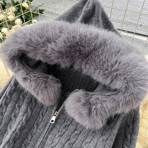 Furry Cardigan & Skirt Twist-knit 2Pcs