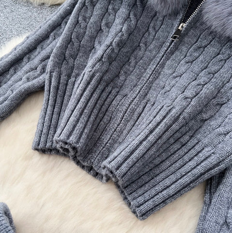 Furry Cardigan & Skirt Twist-knit 2Pcs