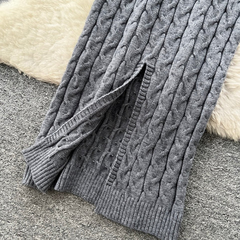 Furry Cardigan & Skirt Twist-knit 2Pcs