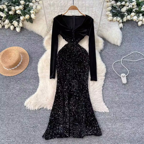 V-neck Velvet Sequined Fishtail Dress