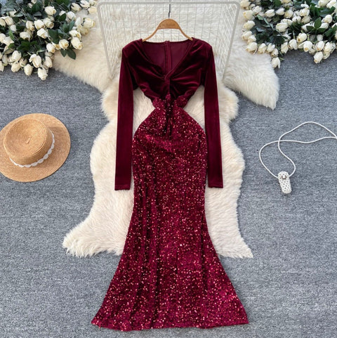 V-neck Velvet Sequined Fishtail Dress
