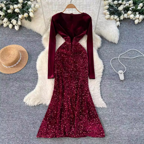 V-neck Velvet Sequined Fishtail Dress