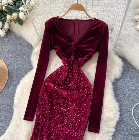 V-neck Velvet Sequined Fishtail Dress