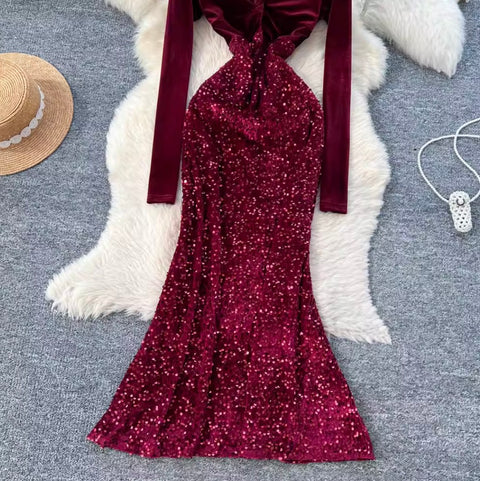V-neck Velvet Sequined Fishtail Dress