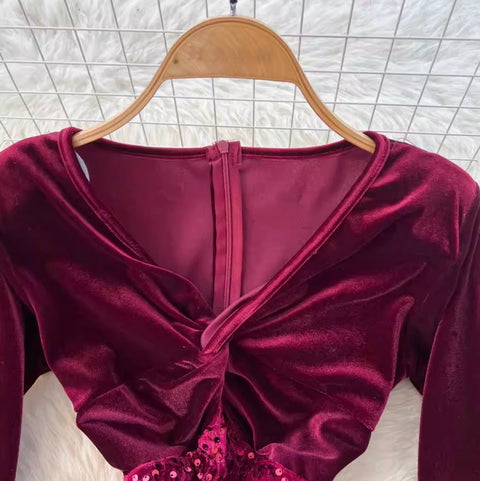 V-neck Velvet Sequined Fishtail Dress