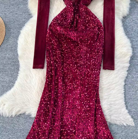 V-neck Velvet Sequined Fishtail Dress
