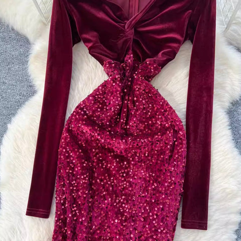 V-neck Velvet Sequined Fishtail Dress