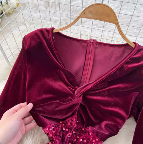 V-neck Velvet Sequined Fishtail Dress