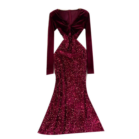 V-neck Velvet Sequined Fishtail Dress