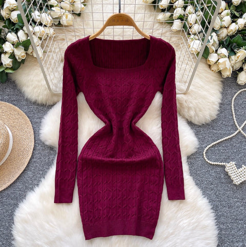 Square Neckline Twisted-knit Dress