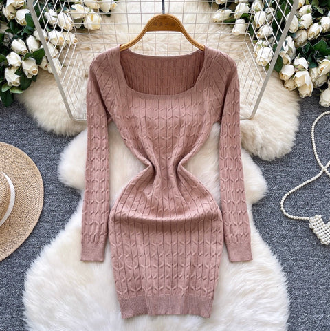 Square Neckline Twisted-knit Dress