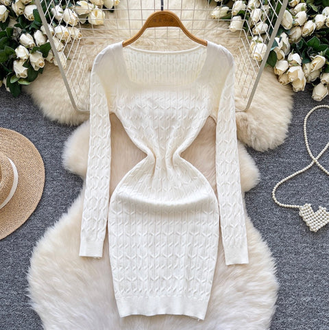 Square Neckline Twisted-knit Dress