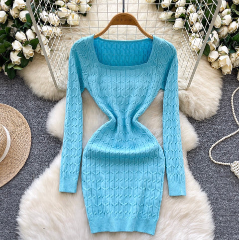 Square Neckline Twisted-knit Dress