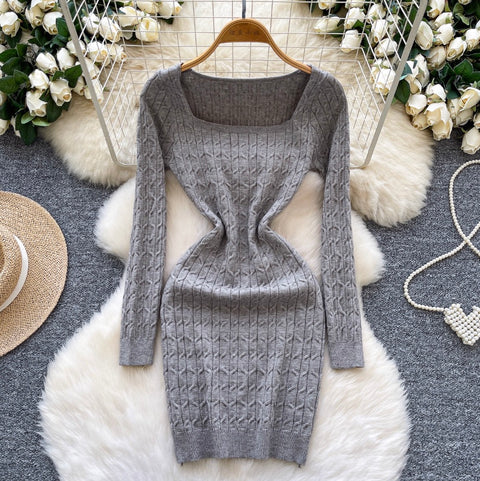 Square Neckline Twisted-knit Dress