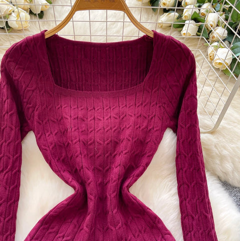 Square Neckline Twisted-knit Dress