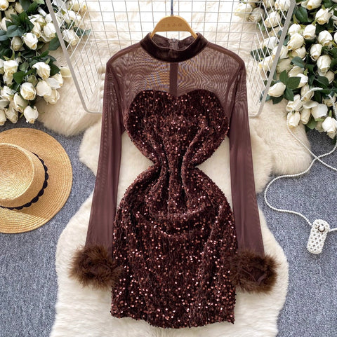 Sequined Mesh Patchwork Short Dress