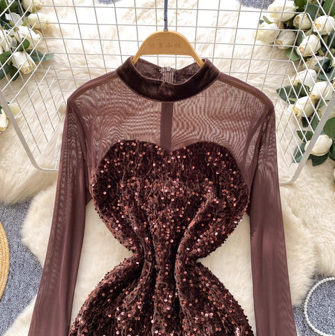 Sequined Mesh Patchwork Short Dress