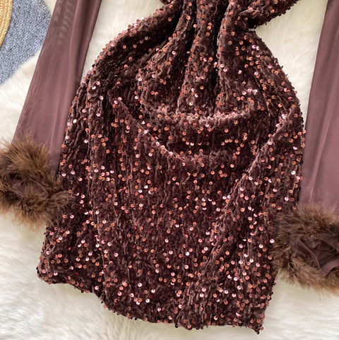 Sequined Mesh Patchwork Short Dress