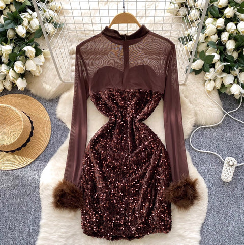 Sequined Mesh Patchwork Short Dress